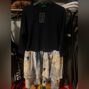 Apparalel, navy casual dress with floral bottom. 3/4 sleeves, size L.